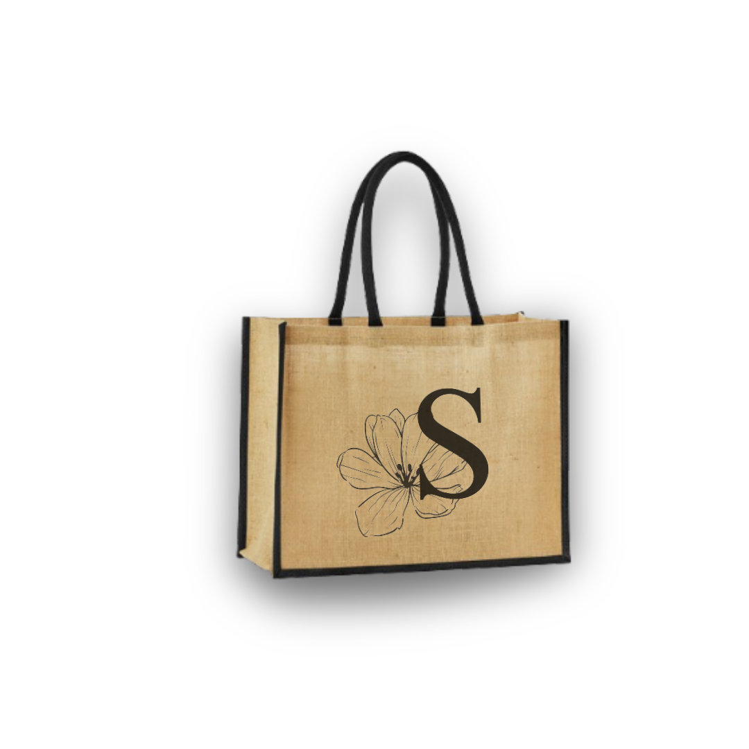 Personalized Jute Tote Bag with Embroidered Initial