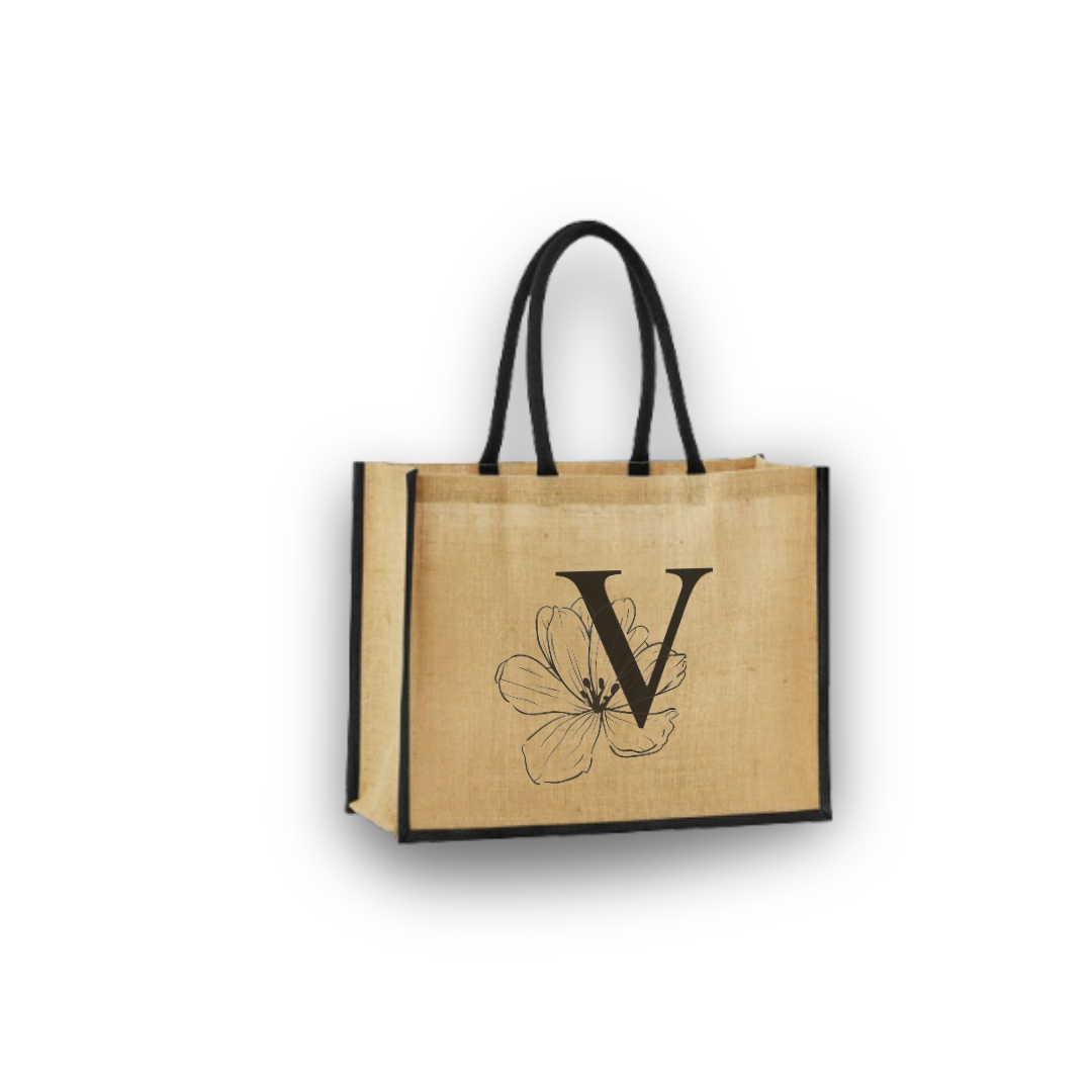 Personalized Jute Tote Bag with Embroidered Initial