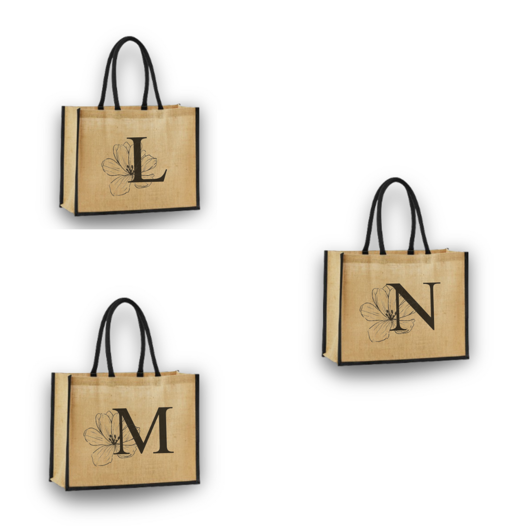 Personalized Jute Tote Bag with Embroidered Initial