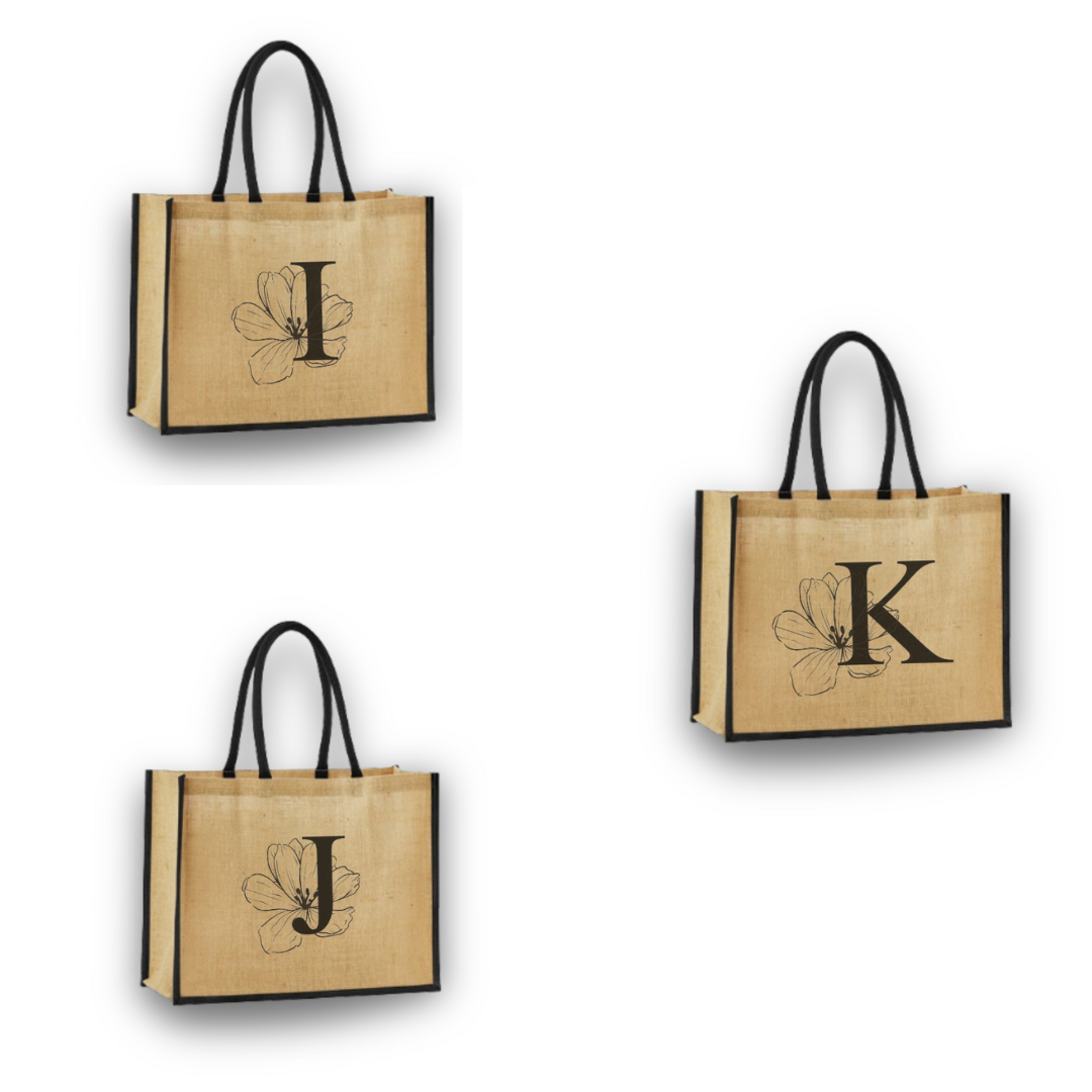 Personalized Jute Tote Bag with Embroidered Initial