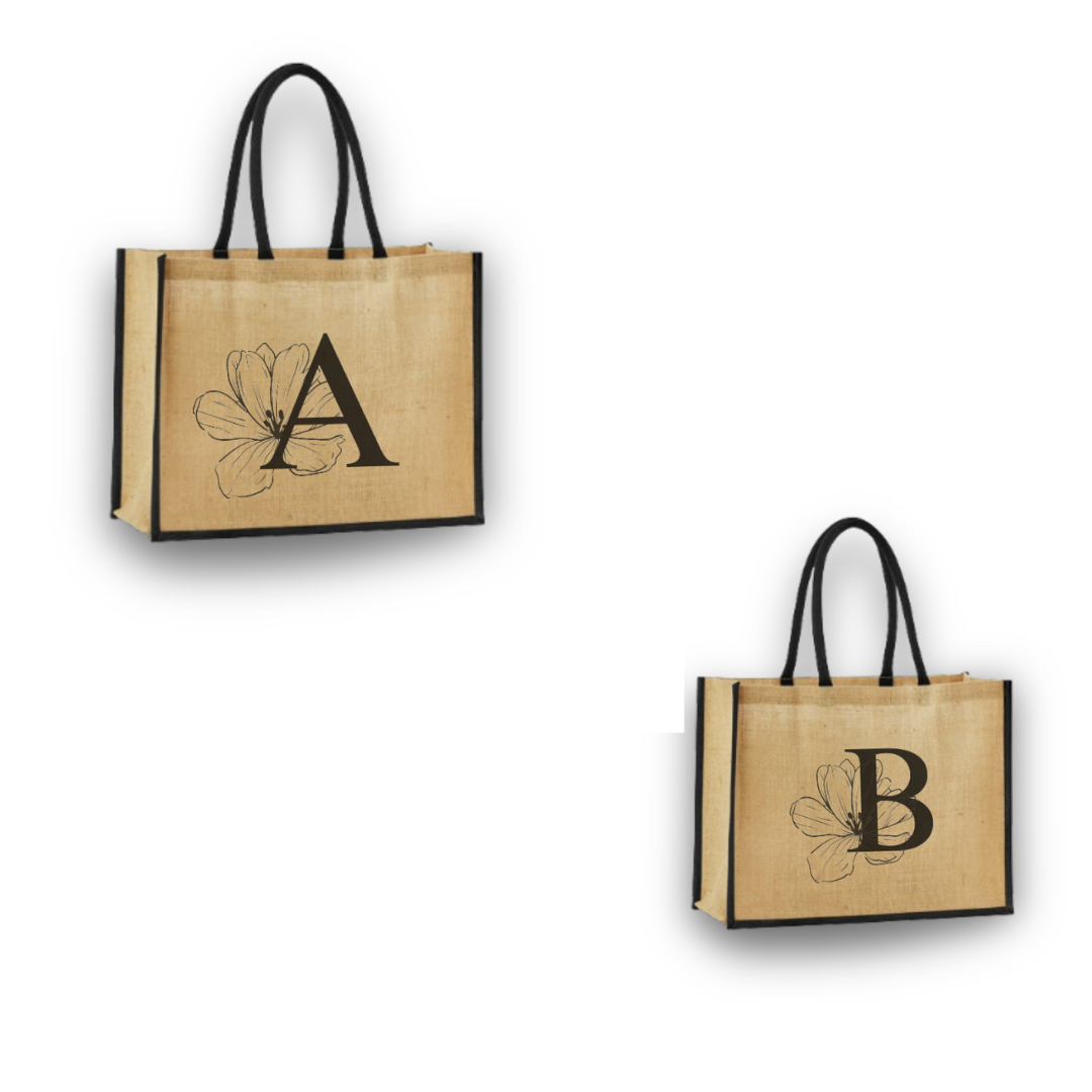 Personalized Jute Tote Bag with Embroidered Initial