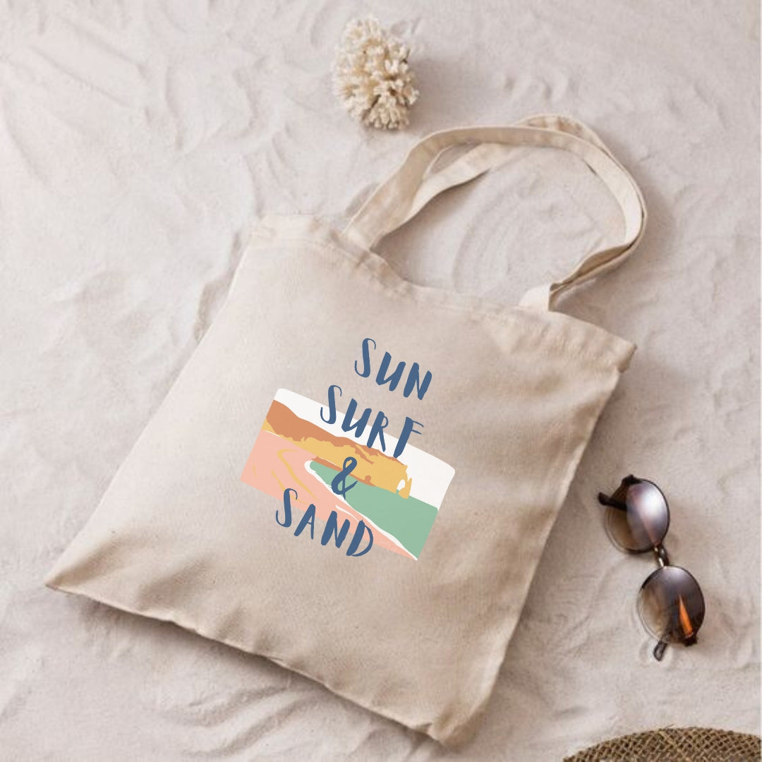 Sun Surf & Sand  - Unique Canvas Tote Bag Printed